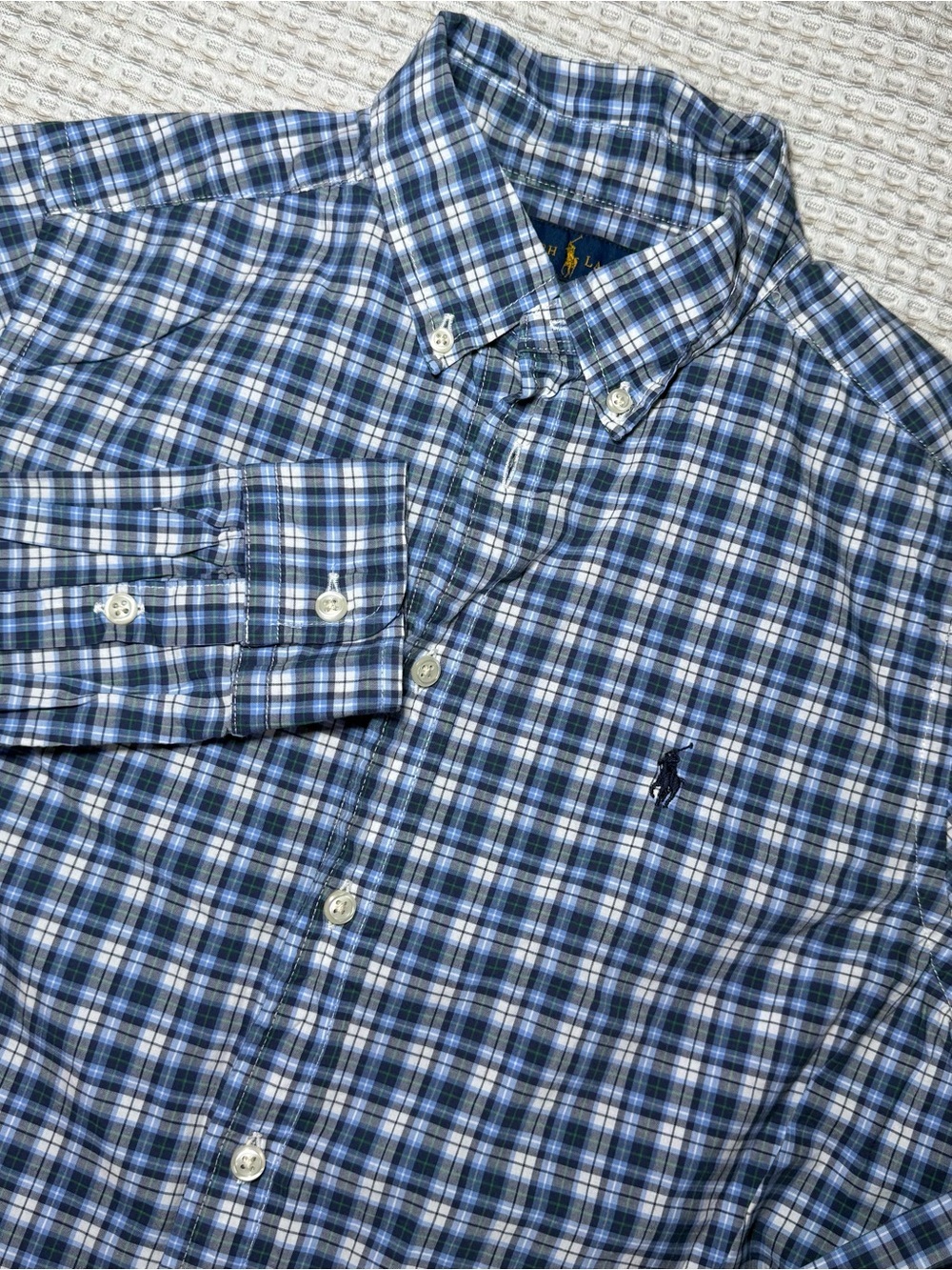 Ralph Lauren YOUTH Boys 14-16 Long Sleeve Blue Plaid Shirt Cotton Large Stretch